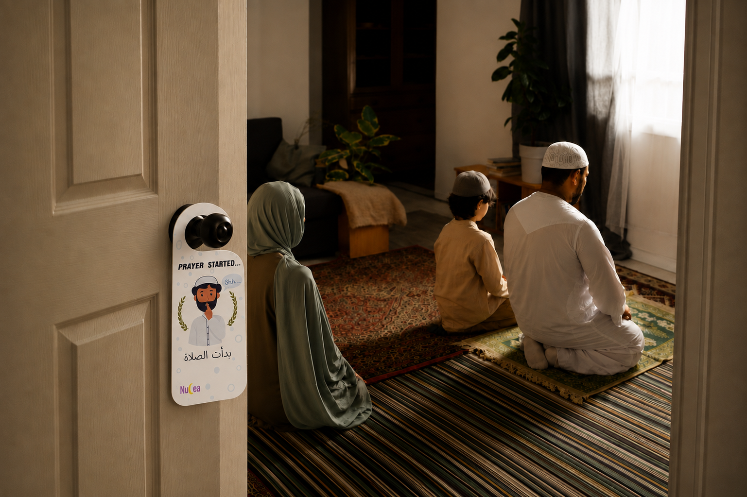 Family prayer time with NuCea prayer door sign